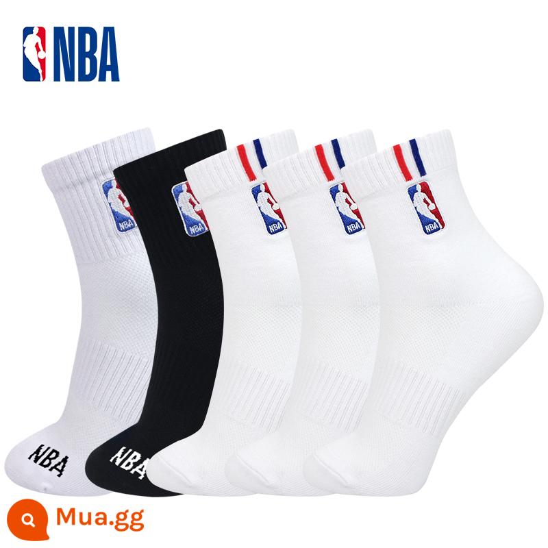 Tất NBA Tất dài đến bắp chân nam Tất thể thao đáy khăn Tất bóng rổ dày đế bằng cotton Tất cotton mùa xuân và mùa hè Tất chạy bộ thấm hút mồ hôi và thoáng khí - Bộ 5 đôi ống lưới và lưới kháng khuẩn (trắng và đen)