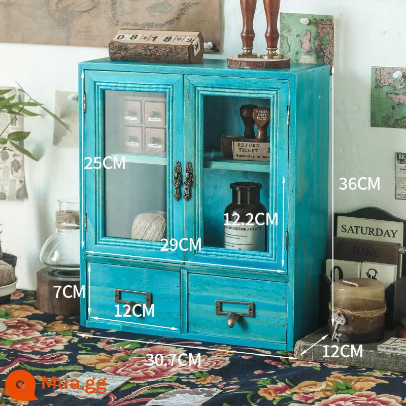 Hộp mù tủ cốc gỗ máy tính để bàn hộp lưu trữ mỹ phẩm bảng kệ retro loại ngăn kéo tay tài khoản hoàn thiện hộp - Màu xanh Địa Trung Hải hai cửa 〖Vật liệu thân thiện với môi trường không chứa formaldehyde〗