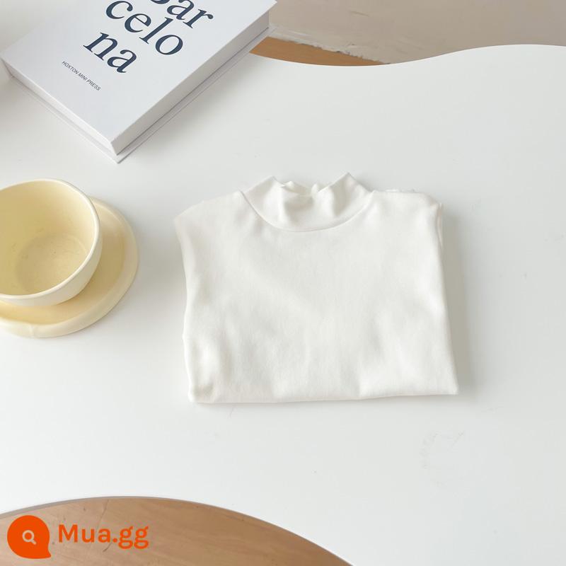 Áo sơ mi cổ tròn bằng vải cotton chải kỹ dành cho trẻ em cho bé trai và bé gái áo thun chui đầu nửa cổ lọ đa năng màu trơn dài tay mùa xuân thu - Trắng