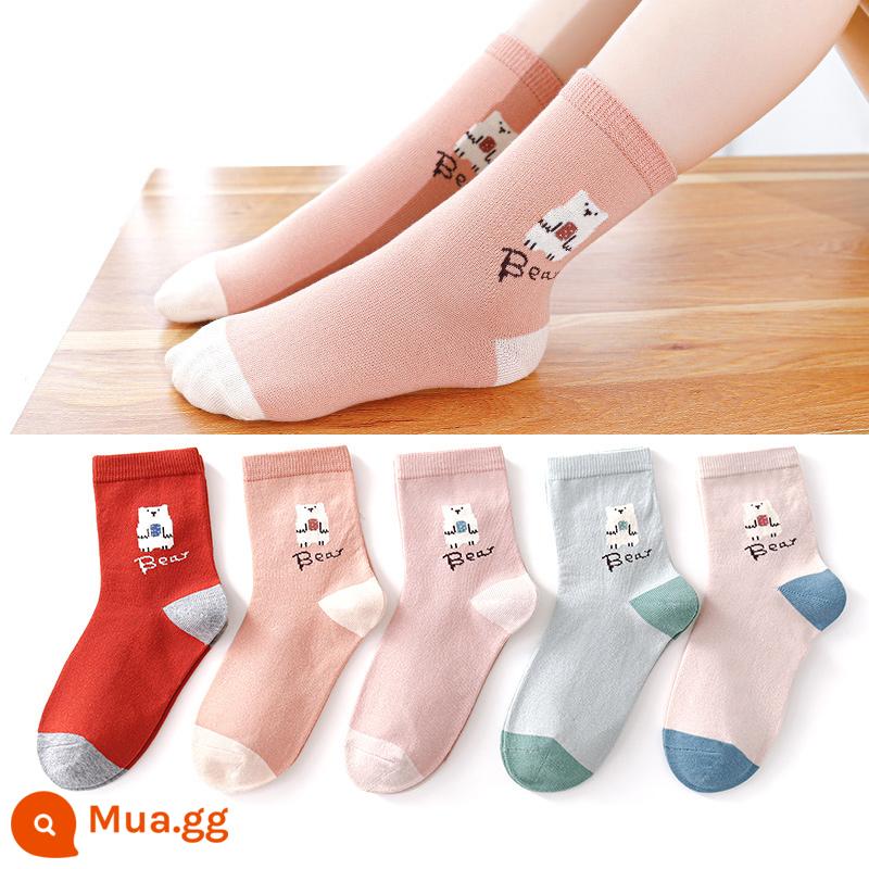 Chuột 6 ngón mùa thu và mùa đông dài ống cao bé gái ống giữa kéo dài trẻ em vớ cotton nguyên chất bé gái lớn bé trai mùa đông vớ nữ - Phô mai gấu 66F (loại dài vừa) 5 cặp