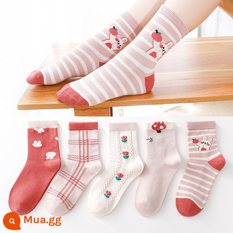 Chuột 6 ngón mùa thu và mùa đông dài ống cao bé gái ống giữa kéo dài trẻ em vớ cotton nguyên chất bé gái lớn bé trai mùa đông vớ nữ - 66H Vườn Thỏ Dễ Thương (chiều dài thông thường) 5 đôi