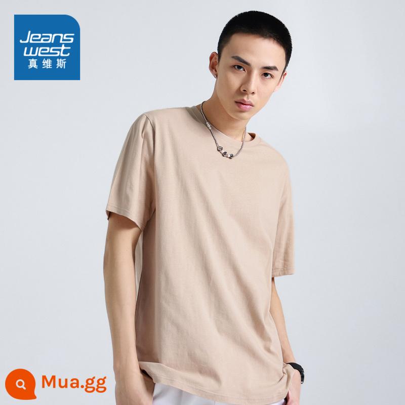 JW Jeanswest nam bông T-shirt mùa xuân và mùa hè đơn giản đồng màu trẻ trung cổ tròn ngắn tay T-shirt học sinh cao cấp - Kaki nhạt 2980