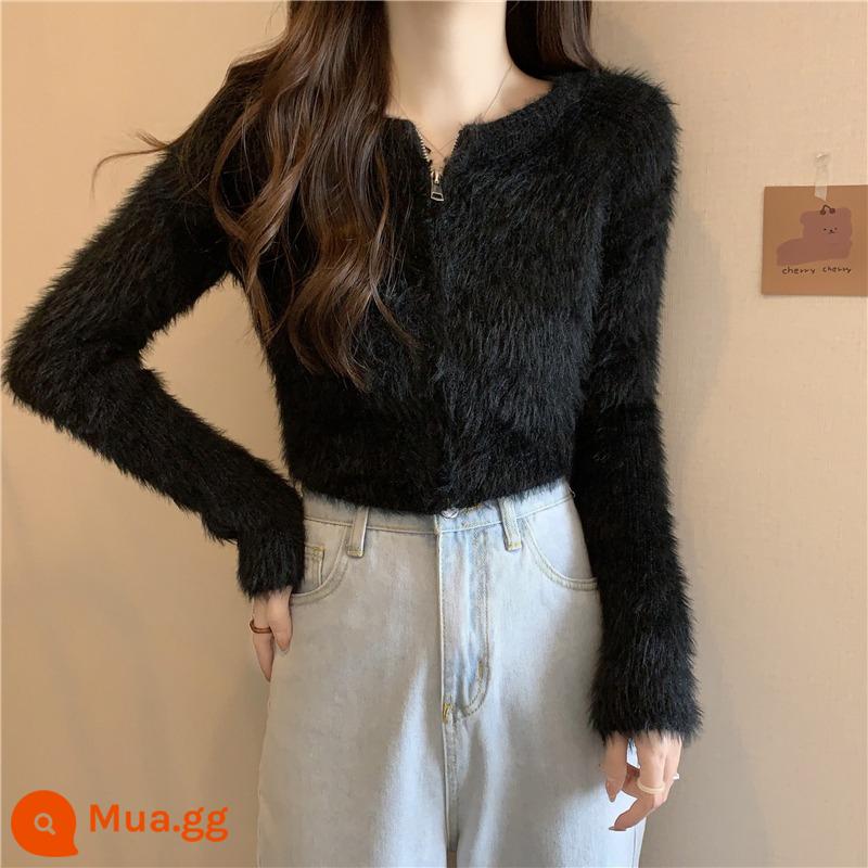 Áo len velvet của Mink Zipper Velvet Áo sơ mi nữ vào mùa thu và mùa đông với ý thức thiết kế thích hợp đầu ngắn Slim - Áo sơ mi đen [eo eo kiểu Pháp/cạp quần ngắn kiểu phương Tây/phong cách không tương phản thích hợp/áo sơ mi đáy độc đáo và độc đáo/cảm giác cao cấp/Phong cách sữa Pháp nhẹ nhàng/màu trắng sữa/ít hương thơm/trang phục Giáng sinh/trà Phong cách trà/Phong cách phương Tây độc đáo và độc đáo]