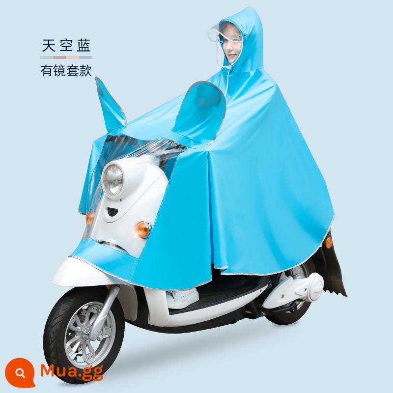 Áo mưa xe điện ắc quy ô tô nữ xe máy mới đặc biệt thân dài áo mưa chống bão poncho - Có ốp gương-3XL-xanh da trời