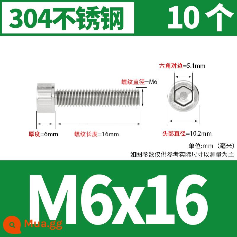 Thép không gỉ 304 cốc đầu lục giác vít đầu trụ vít nối dài 10mm bu lông M2M3M4M5M6M8 - M6*16[10 miếng]