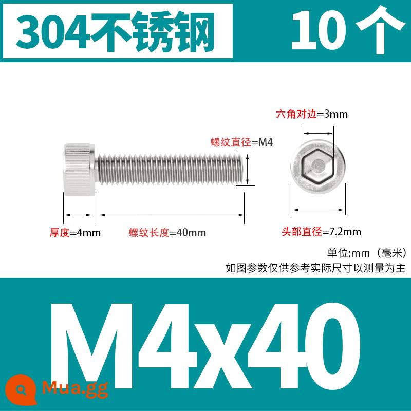 Thép không gỉ 304 cốc đầu lục giác vít đầu trụ vít nối dài 10mm bu lông M2M3M4M5M6M8 - M4*40[10 miếng