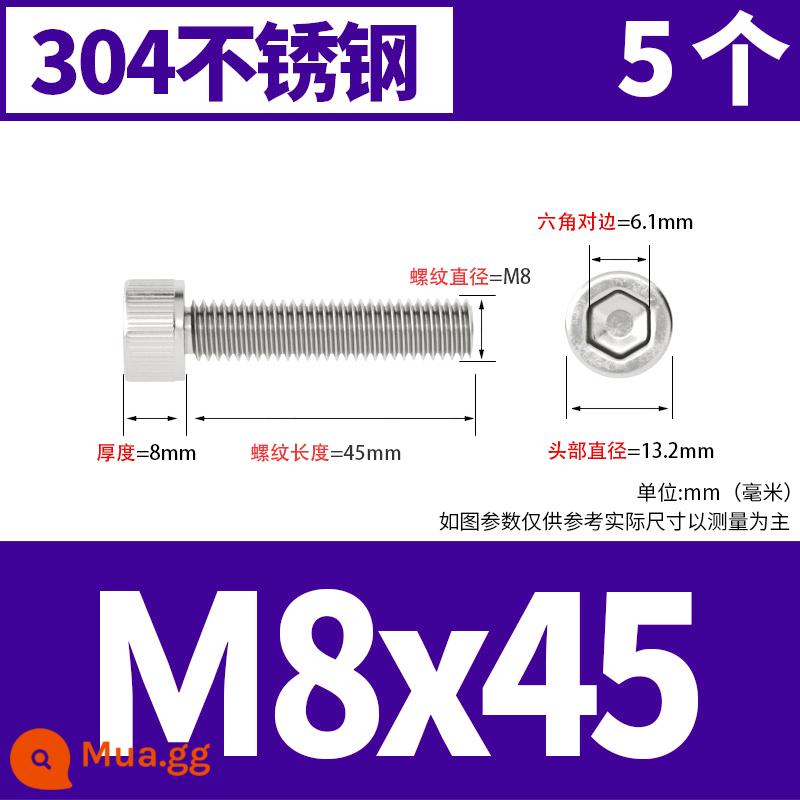 Thép không gỉ 304 cốc đầu lục giác vít đầu trụ vít nối dài 10mm bu lông M2M3M4M5M6M8 - M8*45[5 cái]