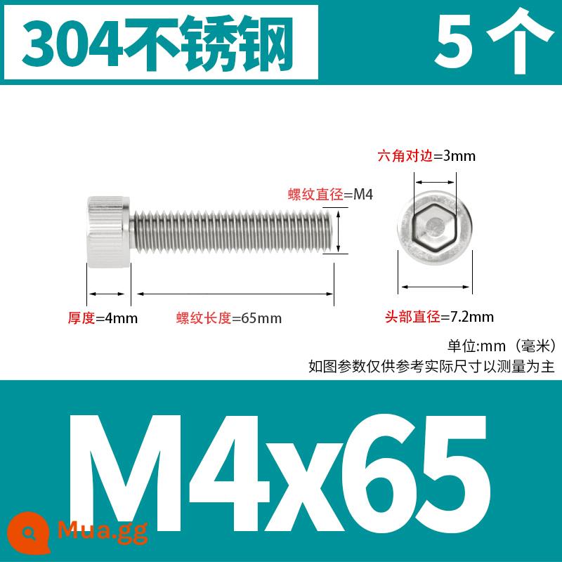 Thép không gỉ 304 cốc đầu lục giác vít đầu trụ vít nối dài 10mm bu lông M2M3M4M5M6M8 - M4*65[5 cái]