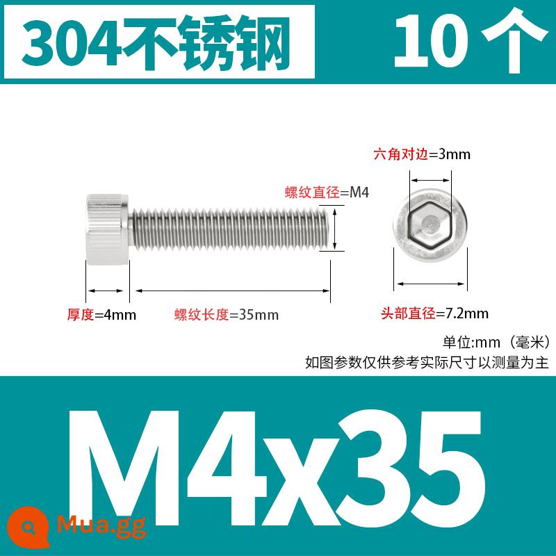 Thép không gỉ 304 cốc đầu lục giác vít đầu trụ vít nối dài 10mm bu lông M2M3M4M5M6M8 - M4*35[10 chiếc