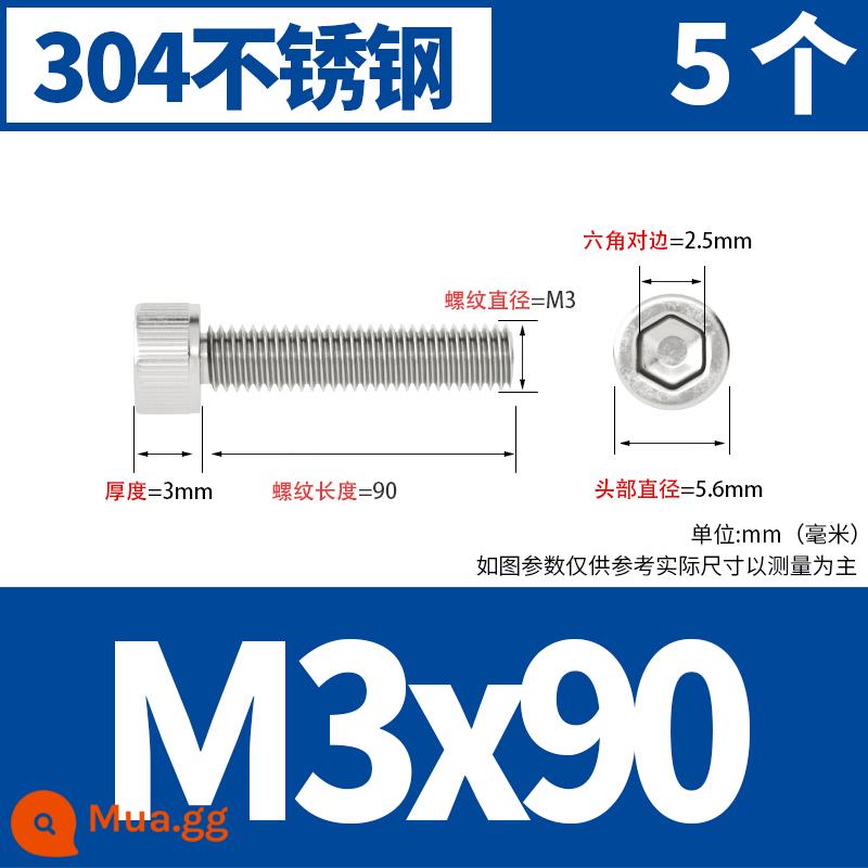 Thép không gỉ 304 cốc đầu lục giác vít đầu trụ vít nối dài 10mm bu lông M2M3M4M5M6M8 - M3*90[5 cái]