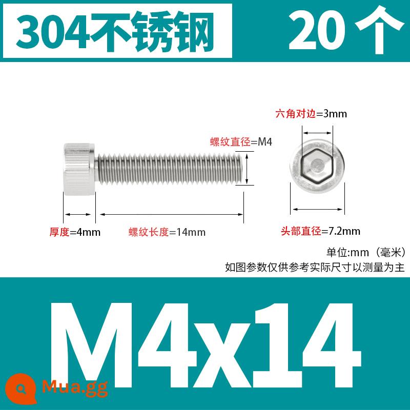 Thép không gỉ 304 cốc đầu lục giác vít đầu trụ vít nối dài 10mm bu lông M2M3M4M5M6M8 - M4*14[20 chiếc