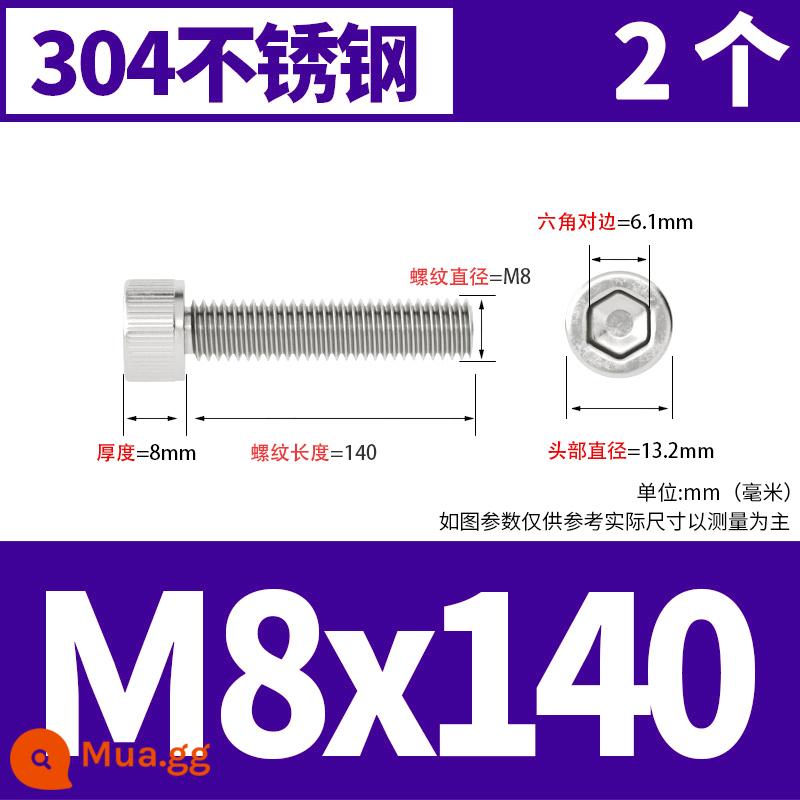 Thép không gỉ 304 cốc đầu lục giác vít đầu trụ vít nối dài 10mm bu lông M2M3M4M5M6M8 - M8*140[2 cái]