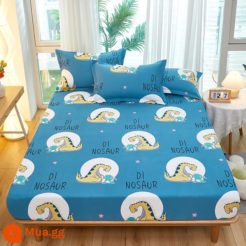 Túi trải giường bằng cotton dày dặn, ga trải giường bằng vải cotton một mảnh, nệm 1,8m, túi trải giường chống trượt 1,5 bộ ga trải giường trọn gói, bộ 3 món - khủng long vui nhộn màu lục lam