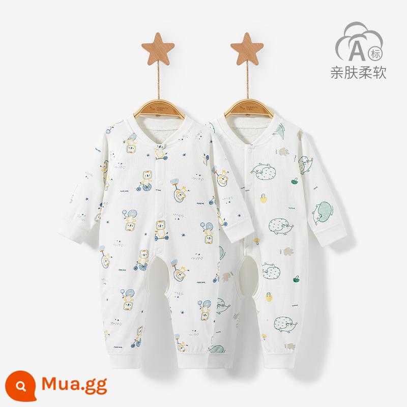 Áo liền quần cho bé mùa xuân, mùa thu đông sơ sinh đáy cotton nguyên chất ấm Bộ đồ ngủ nam nữ mở tập tin áo liền quần phù hợp với quần áo trẻ em - 3LT001 sư tử xanh/nhím xanh 2 miếng