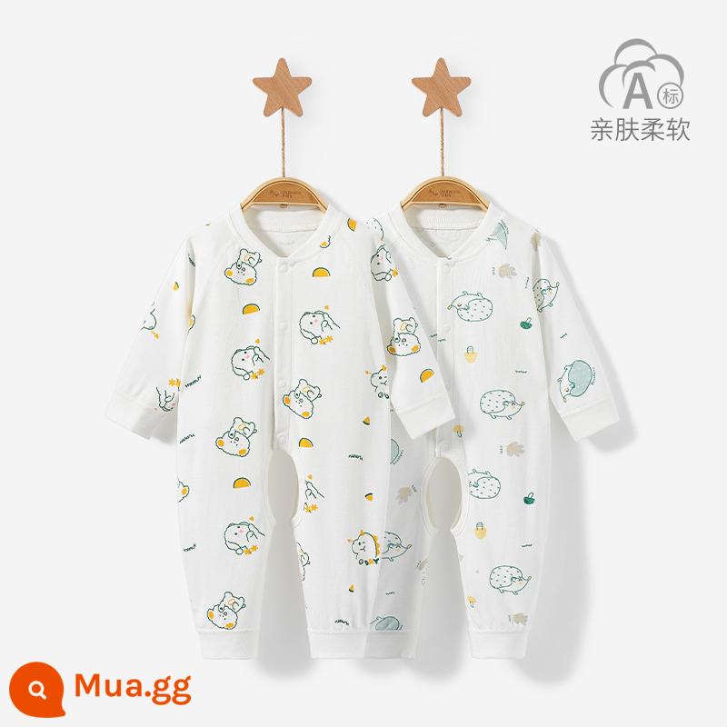 Áo liền quần cho bé mùa xuân, mùa thu đông sơ sinh đáy cotton nguyên chất ấm Bộ đồ ngủ nam nữ mở tập tin áo liền quần phù hợp với quần áo trẻ em - 3LT001 chó xanh/nhím xanh 2 miếng