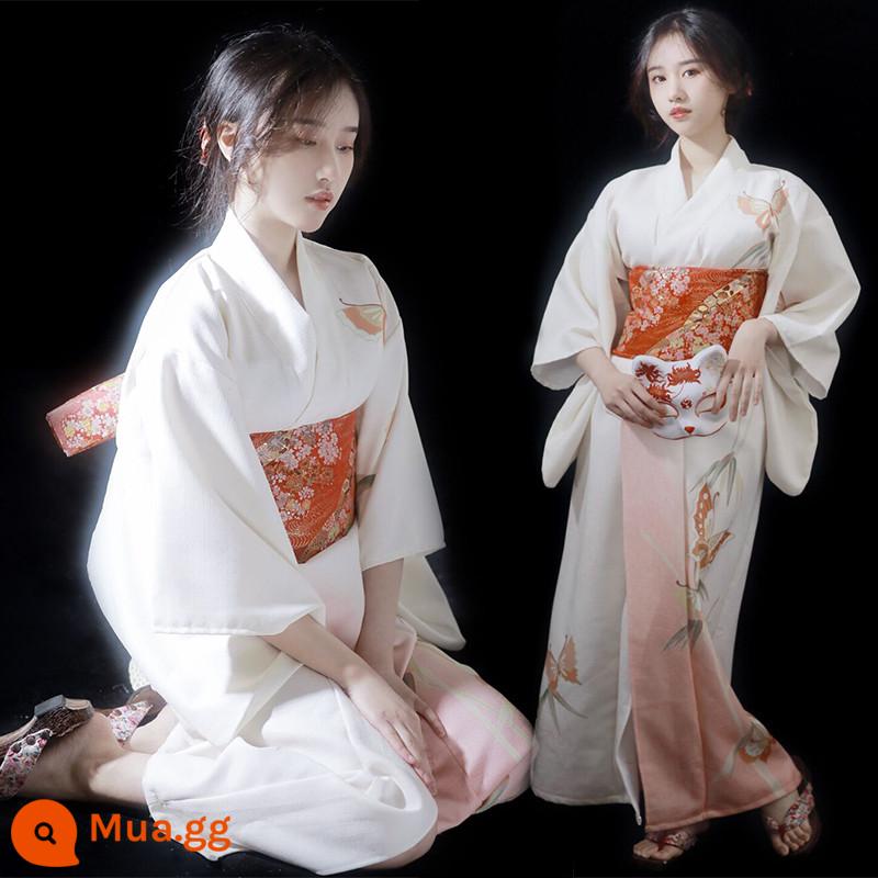 Trang phục chính thức của phụ nữ kimono truyền thống cổ điển và gió trắng gió nhẹ được cải tiến theo phong cách Nhật Bản ngoại cảnh nữ thần ảnh quần áo - Bộ kimono số 12 đi kèm với một chiếc quạt hoa viền đỏ