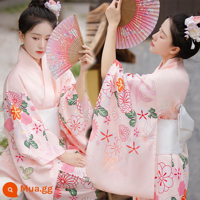 Trang phục chính thức của phụ nữ kimono truyền thống cổ điển và gió trắng gió nhẹ được cải tiến theo phong cách Nhật Bản ngoại cảnh nữ thần ảnh quần áo - Bộ kimono số 17 đi kèm với một chiếc quạt hoa viền trắng