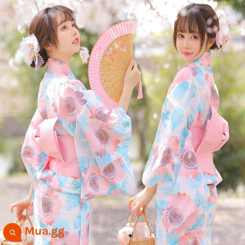 Trang phục chính thức của phụ nữ kimono truyền thống cổ điển và gió trắng gió nhẹ được cải tiến theo phong cách Nhật Bản ngoại cảnh nữ thần ảnh quần áo - Bộ kimono số 15 đi kèm với một chiếc quạt hoa viền trắng