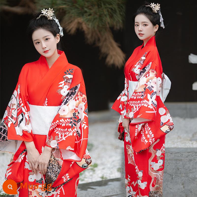 Trang phục chính thức của phụ nữ kimono truyền thống cổ điển và gió trắng gió nhẹ được cải tiến theo phong cách Nhật Bản ngoại cảnh nữ thần ảnh quần áo - Áo kimono số 19 kèm quạt hoa viền trắng