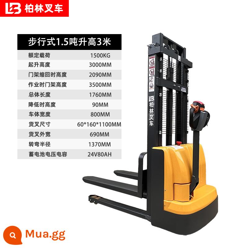 Xe nâng đứng chạy hoàn toàn bằng điện Xe nâng đi bộ 2 tấn máy xúc thủy lực pallet nhỏ lưu trữ và xử lý xe xếp - [Loại đi bộ] Nâng hoàn toàn bằng điện 1,5 tấn 3 mét