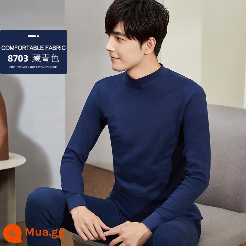 Bộ quần áo mùa thu cotton nguyên chất Ralph Lauren và quần vệ sinh dành cho thanh thiếu niên và quần áo mùa thu cho nam, áo len cotton, áo khoác sưởi mỏng - Bộ đơn (cổ giữa màu xanh nước biển)