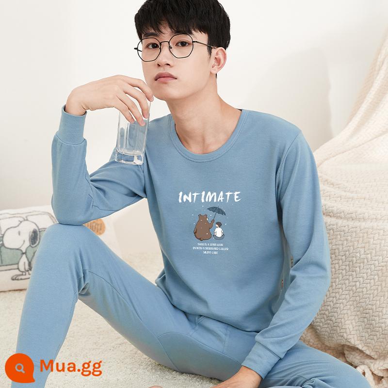 Bộ đồ lót cotton nguyên chất dành cho nam thanh niên Quần áo mùa thu cotton quần vệ sinh học sinh trung học cơ sở và trung học phổ thông ấm áp áo len bông lớn cho trẻ em mùa đông - Xanh nhạt 1732