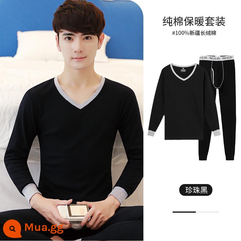 Bộ quần áo mùa thu cotton nguyên chất Ralph Lauren và quần vệ sinh dành cho thanh thiếu niên và quần áo mùa thu cho nam, áo len cotton, áo khoác sưởi mỏng - Bộ đơn (cổ chữ V màu đen)