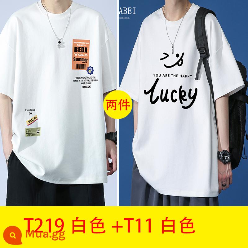 Thanh niên mùa hè cotton ngắn tay áo thun nam big boy mùa hè 2023 học sinh trung học cơ sở và trung học mới đẹp trai quần áo nam - T219 trắng + T11 trắng