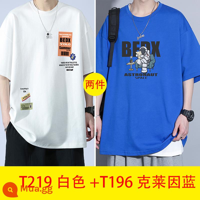 Thanh niên mùa hè cotton ngắn tay áo thun nam big boy mùa hè 2023 học sinh trung học cơ sở và trung học mới đẹp trai quần áo nam - T219 trắng + T196 Klein xanh