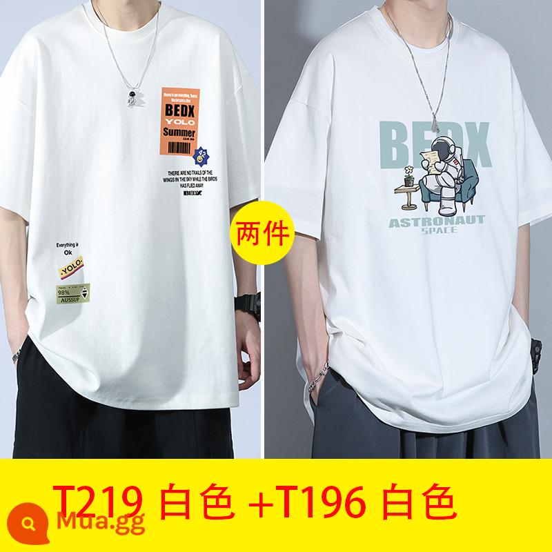 Thanh niên mùa hè cotton ngắn tay áo thun nam big boy mùa hè 2023 học sinh trung học cơ sở và trung học mới đẹp trai quần áo nam - T219 trắng + T196 trắng