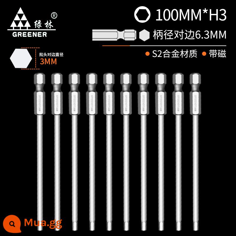 Bộ tua vít điện lục giác đầu lục giác rừng xanh đặc biệt mở rộng tua vít khí nén công nghiệp siêu cứng S2 - 100mm H3x10 miếng