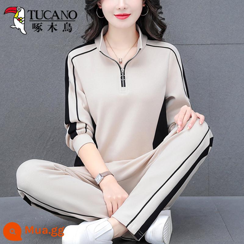 Chim Gõ Kiến Cotton Cao Cấp Bộ Đồ Thể Thao Nữ Xuân Thu 2023 Mùa Xuân Và Mùa Thu Mới Màu Sắc Mỏng Mẹ Mặc Thường Ngày 2 Bộ - màu be