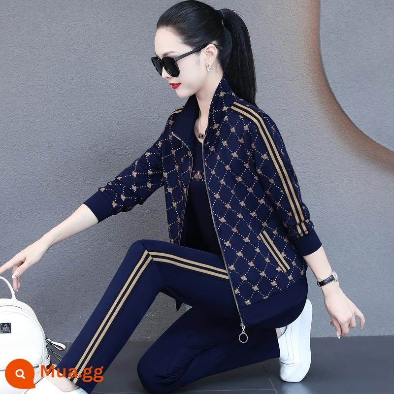 Bộ đồ thể thao thương hiệu dành cho nữ xuân thu 2023 phong cách mới phong cách nước ngoài cotton nguyên chất áo thun dáng rộng chạy bộ thường ngày bộ đồ ba mảnh xu hướng - Xanh sapphire 9588 (bộ ba chiếc) cao cấp