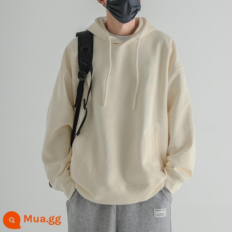 Nặng có mũ trùm đầu nam thương hiệu hợp thời trang đồng màu quần áo mùa xuân và mùa thu hoodies vài áo khoác mùa đông cộng với đáy nhung dày - Phiên bản rộng màu trắng kem lớn hơn một cỡ