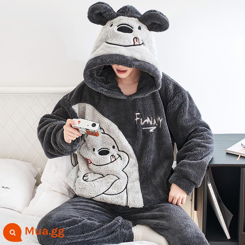 Nỉ san hô Bộ đồ ngủ nam mùa thu đông mẫu mùa đông dày Plus nhung ấm flannel mùa đông thanh niên phục vụ tại nhà phù hợp với - 9428 (có mũ trùm đầu)