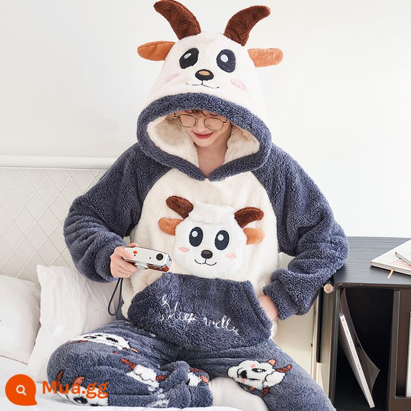 Nỉ san hô Bộ đồ ngủ nam mùa thu đông mẫu mùa đông dày Plus nhung ấm flannel mùa đông thanh niên phục vụ tại nhà phù hợp với - 9228 (có mũ trùm đầu)