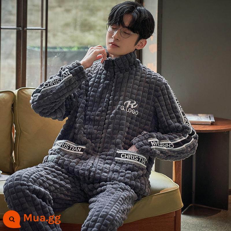 Nỉ san hô Bộ đồ ngủ nam mùa thu đông mẫu mùa đông dày Plus nhung ấm flannel mùa đông thanh niên phục vụ tại nhà phù hợp với - 3525 (dây kéo)