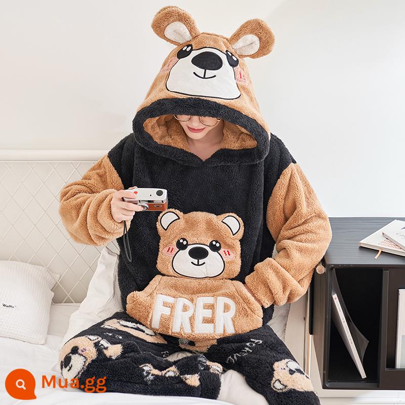 Nỉ san hô Bộ đồ ngủ nam mùa thu đông mẫu mùa đông dày Plus nhung ấm flannel mùa đông thanh niên phục vụ tại nhà phù hợp với - 9208 (có mũ trùm đầu)