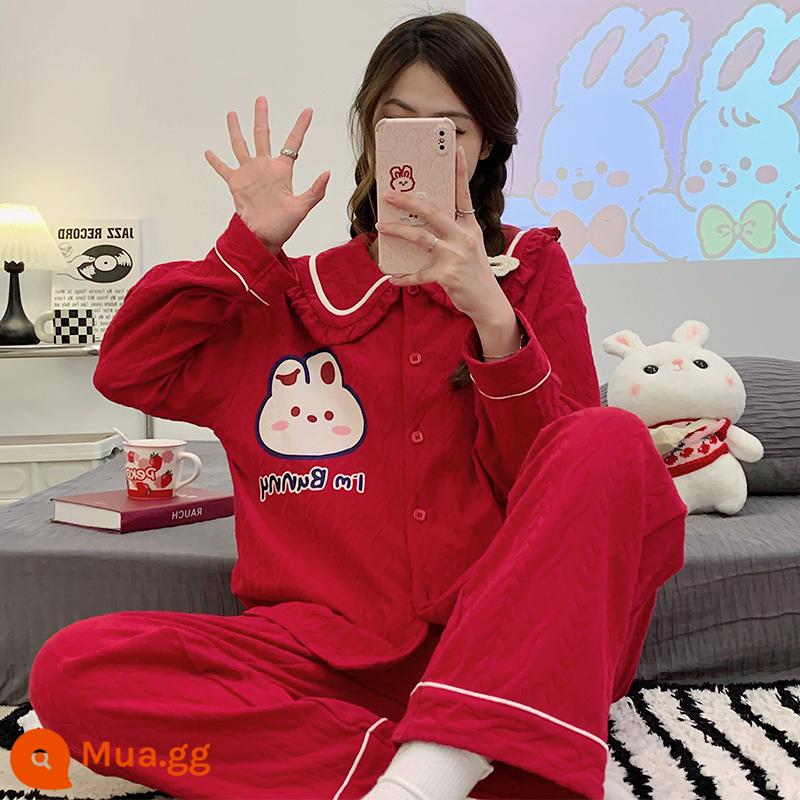 Bộ đồ ngủ nữ mùa xuân và mùa thu 2023 mới cotton dài tay màu đỏ năm con thỏ năm hoàng đạo bộ đồ phục vụ đám cưới tại nhà - 31253