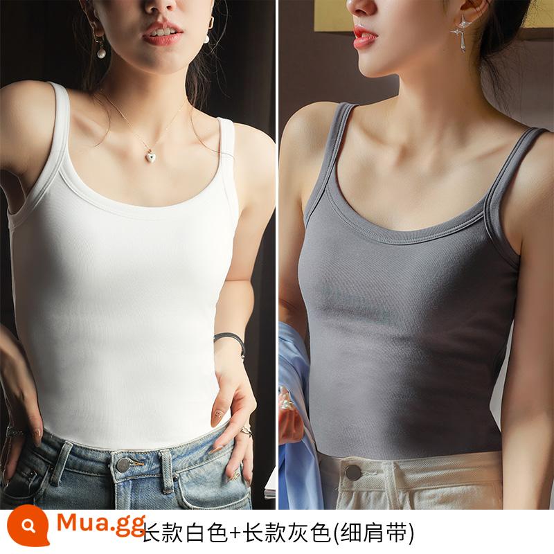 Yếm nữ mùa hè mặc trong có đệm ngực tích hợp áo ngực mặc ngoài màu trắng dáng dài cotton nguyên chất hở lưng đẹp - Bản dài màu trắng + bản dài màu xám (dây đeo vai mỏng)