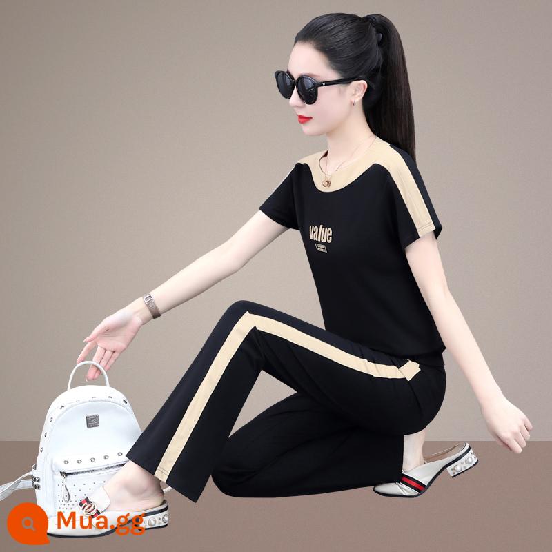 Thời trang ngắn tay giản dị phù hợp với phụ nữ mùa hè băng lụa mới cổ tròn cotton dày T quần ống rộng đồ thể thao hai mảnh phần mỏng - Màu be đen