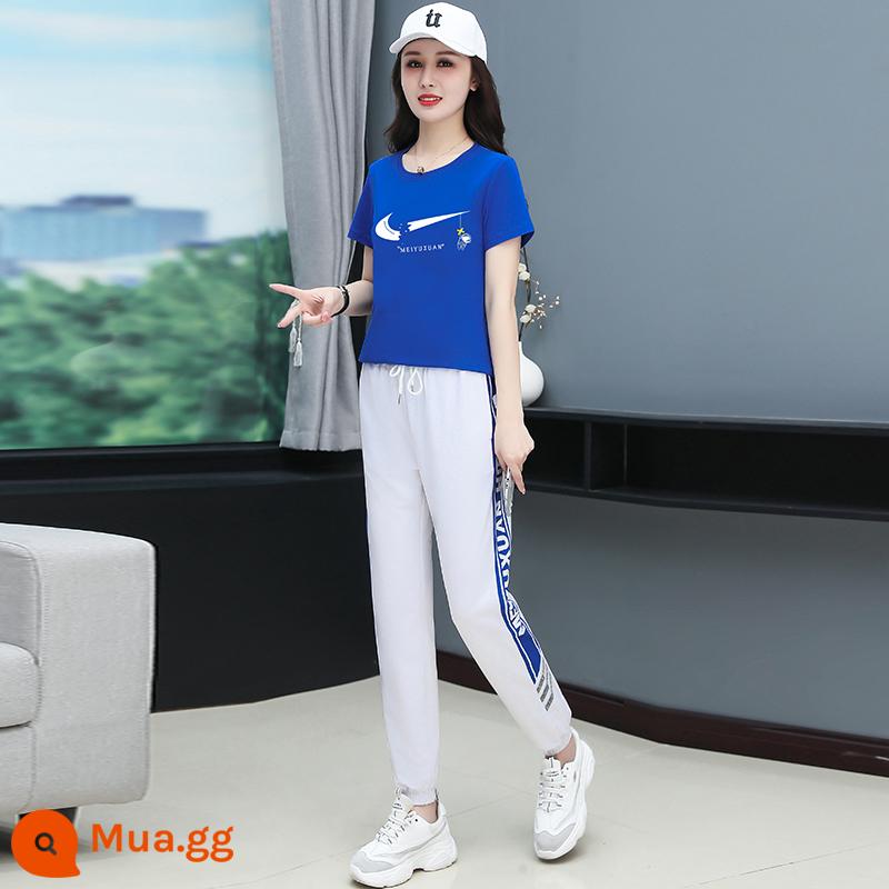 Cotton trường nước ngoài bộ đồ thể thao nữ mùa hè nhỏ tay ngắn crop quần buổi sáng chạy bộ rời size lớn thường ngày 2 - 2297 xanh [tay ngắn + quần dài]