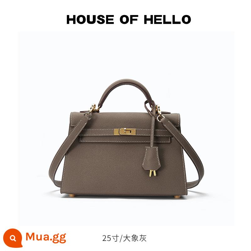 HOUSEOFHELLO nhái mini Kelly bag da thật cao cấp niche thiết kế đeo chéo nhẹ sang trọng Kelly bag - [Xám voi] Khóa vàng/25 inch (Phiên bản nâng cấp)