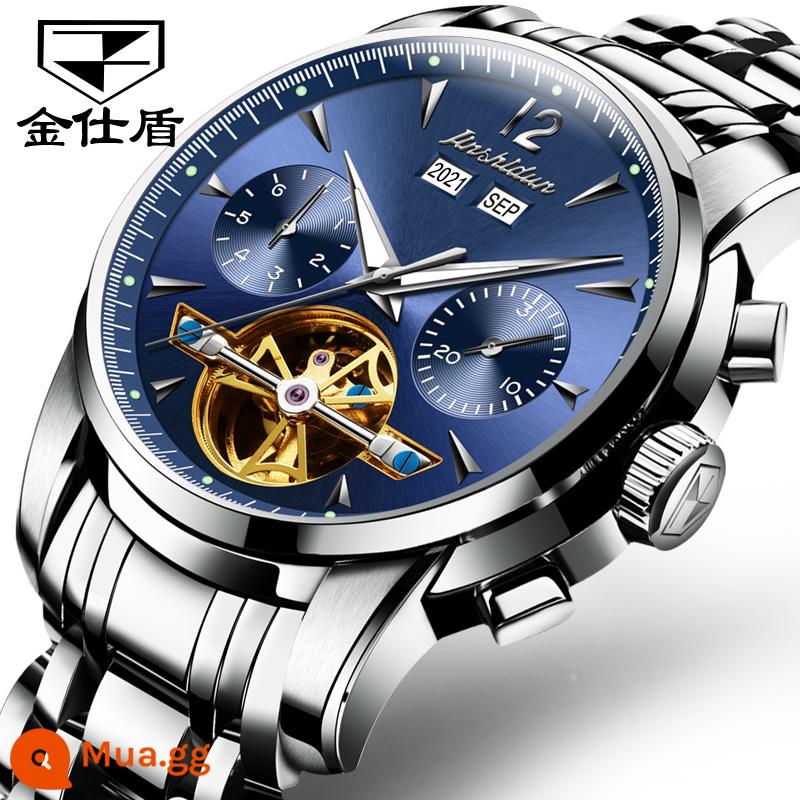 Thương hiệu nổi tiếng Thụy Sĩ đồng hồ cơ nam vàng 18k cao cấp hoàn toàn tự động tourbillon rỗng top 10 thương hiệu - Thụy Sĩ-dải thép bề mặt màu xanh tự nhiên