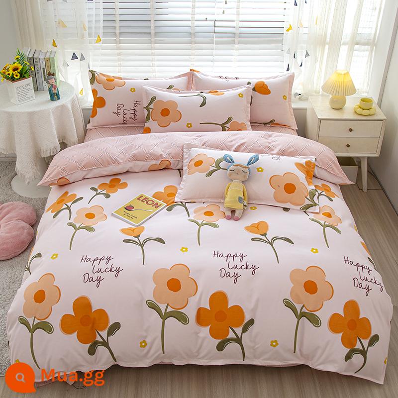 Phong Cách Bắc Âu Iing Bộ 4 Cotton Nguyên Chất Dày 100 Vỏ Chăn Giường Ký Túc Xá Sinh Viên Chần Gòn 3 Giường - Hoa may mắn màu vàng nhạt-DG màu vàng nhạt