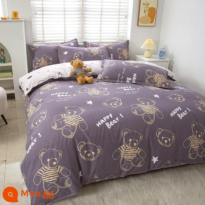 Phong Cách Bắc Âu Iing Bộ 4 Cotton Nguyên Chất Dày 100 Vỏ Chăn Giường Ký Túc Xá Sinh Viên Chần Gòn 3 Giường - Màu tím đậm Guaiguai Xiong DG