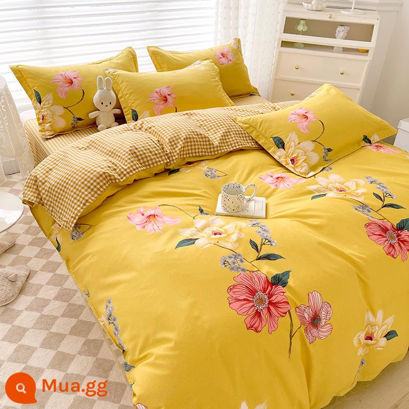 Phong Cách Bắc Âu Iing Bộ 4 Cotton Nguyên Chất Dày 100 Vỏ Chăn Giường Ký Túc Xá Sinh Viên Chần Gòn 3 Giường - JG màu vàng tươi, màu vàng sặc sỡ