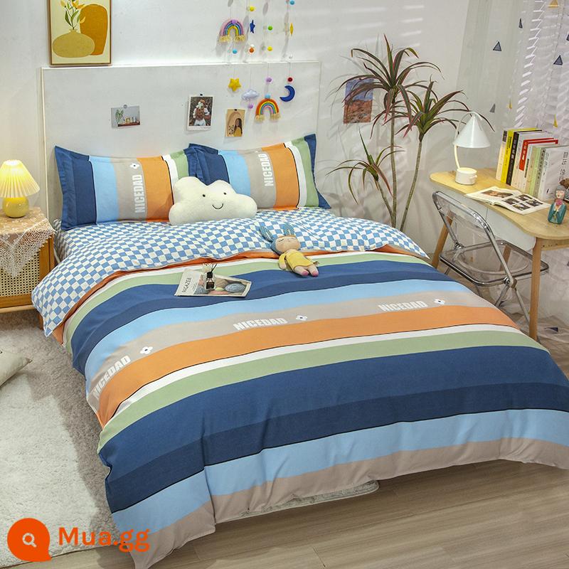 Phong Cách Bắc Âu Iing Bộ 4 Cotton Nguyên Chất Dày 100 Vỏ Chăn Giường Ký Túc Xá Sinh Viên Chần Gòn 3 Giường - Sọc-Cam DG