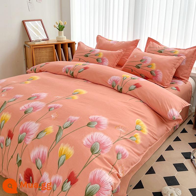 Phong Cách Bắc Âu Iing Bộ 4 Cotton Nguyên Chất Dày 100 Vỏ Chăn Giường Ký Túc Xá Sinh Viên Chần Gòn 3 Giường - Hoa đầy màu sắc màu cam JG