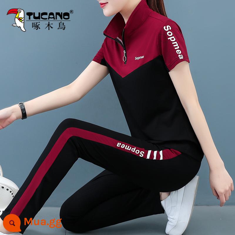 Bộ đồ thường ngày cotton nguyên chất của chim gõ kiến ​​dành cho nữ 2023 mới dành cho tuổi trung niên mỏng cổ đứng cổ ngắn bộ đồ thể thao hai mảnh - Màu đỏ tía [98% chọn màu này]